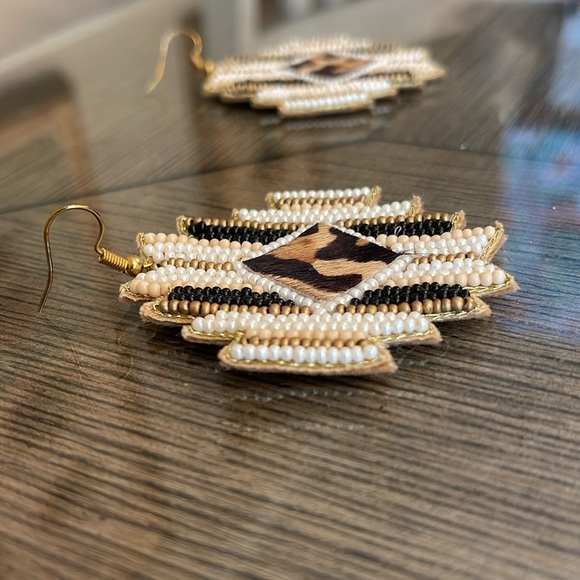 Aztec Shape, Seed Bead, Animal Pattern Fur, Fabric Earrings - Picture 6 of 13